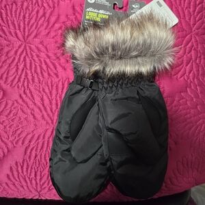 Eddie Bauer medium Black Lodge Down Mittens with Faux Fur Trim